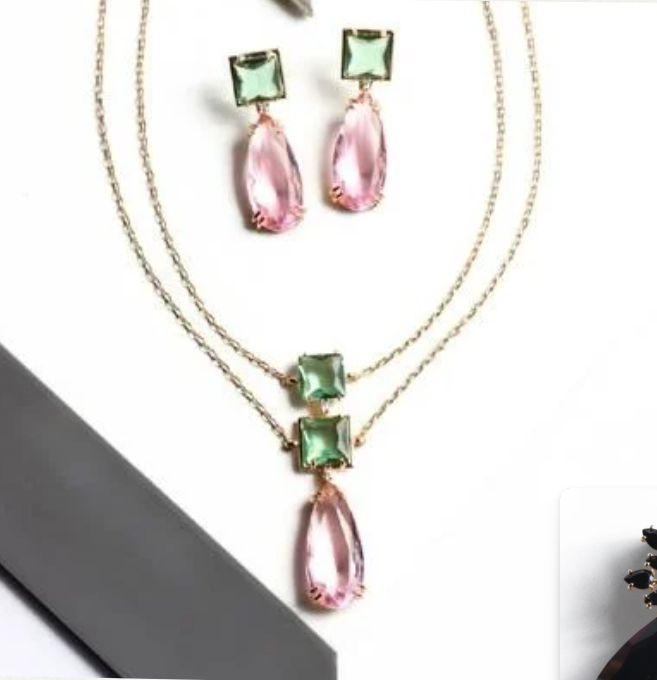 Conjunto Luxo Turmalina Verde e Rosa Cristal