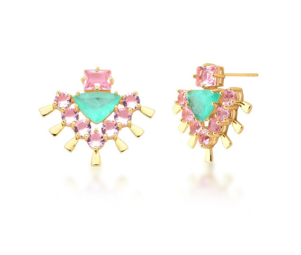 Brinco Cristal Rosa e Esmeralda Colombiana