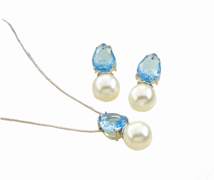 Conjunto Realeza Pérola Azul Cristal gota
