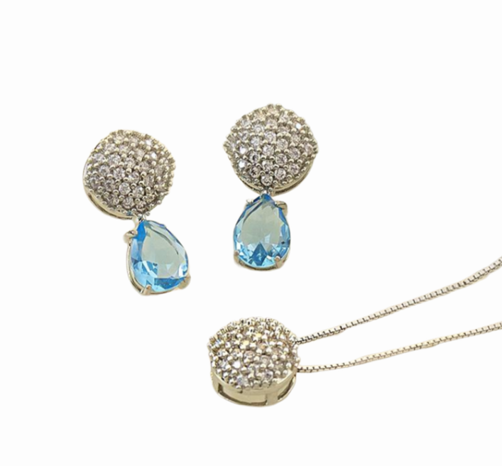 Conjunto Realeza Azul Cristal Zircônia gota