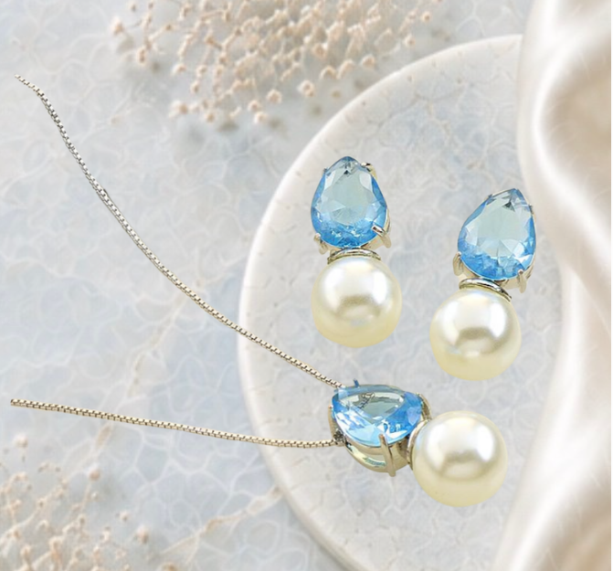 Conjunto Realeza Pérola Azul Cristal gota